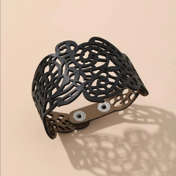 Black Leather Laser Cut Hallow Cuff - Picture 1 of 15